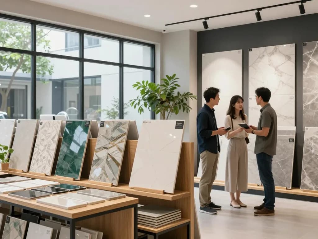 Showcasing Sunvin tiles in a modern showroom with elegant displays and natural light.