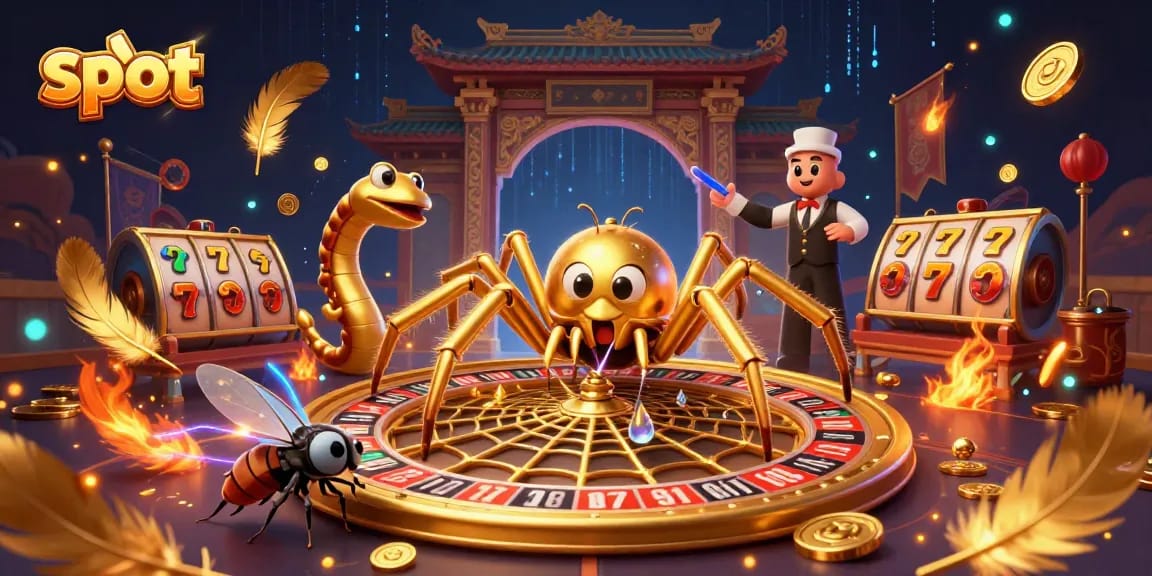 Spin the slot reels alongside a golden spider and centipede croupier in this vibrant casino scene.