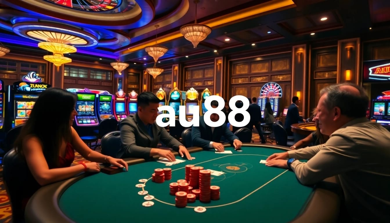 Players enjoying a captivating poker game at au88 casino, surrounded by vibrant slot machines.
