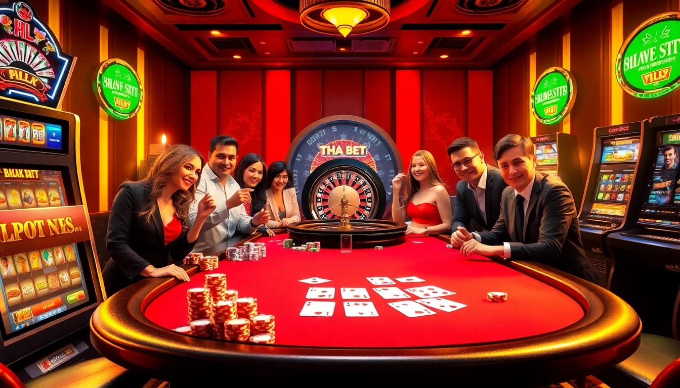 Engaging scene of a casino with players at a poker table and the THA BET experience.