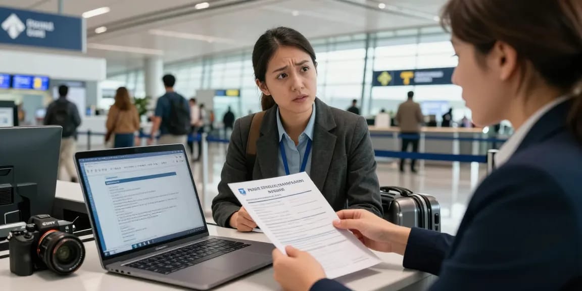 Seyahat öncesi hukuki kontrol hakkında bilgi alan bir yolcu, havaalanı check-in sürecinde legal danışmanla görüşme yapıyor.