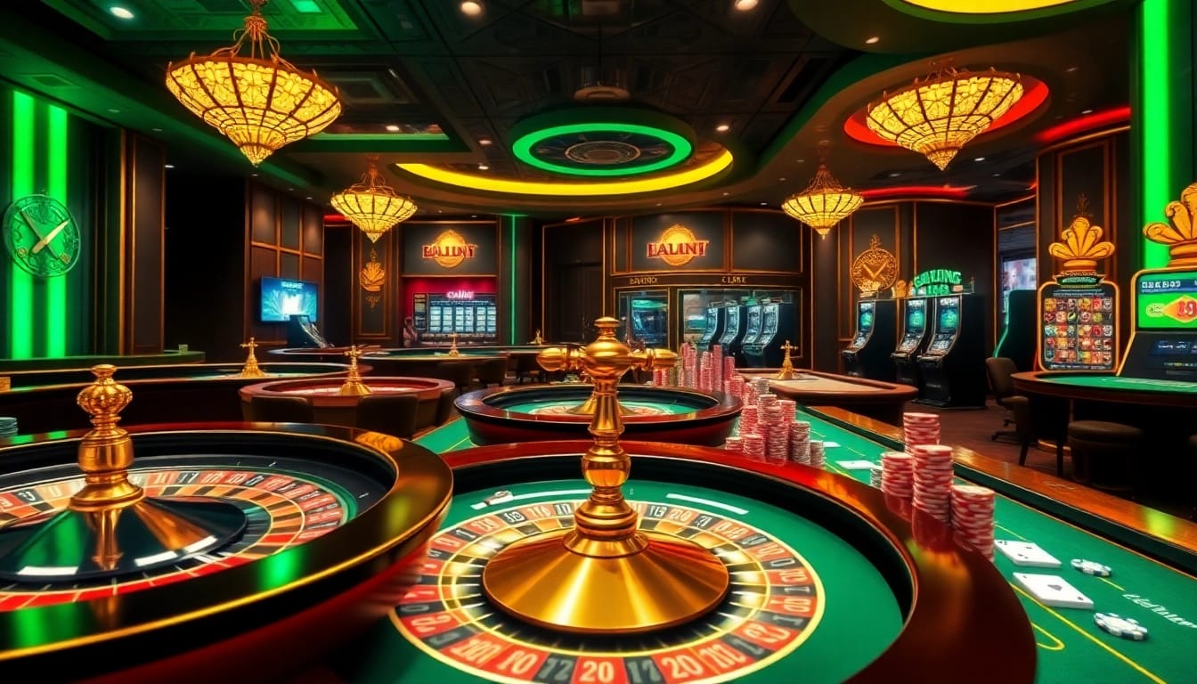 A thrilling gaming scene featuring 123win with live dealers, casino tables, and poker chips.