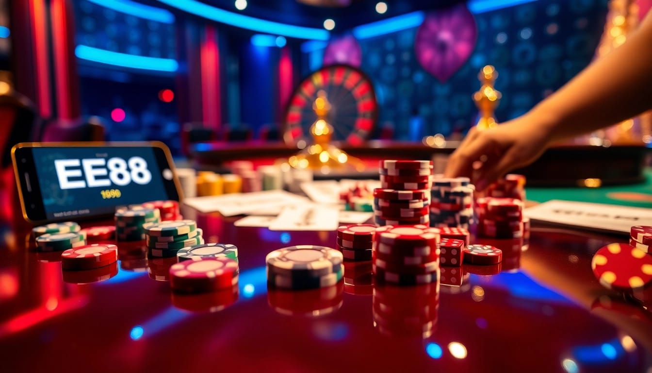 ee88 players engaging in thrilling casino games with vibrant chips and action-packed scenes