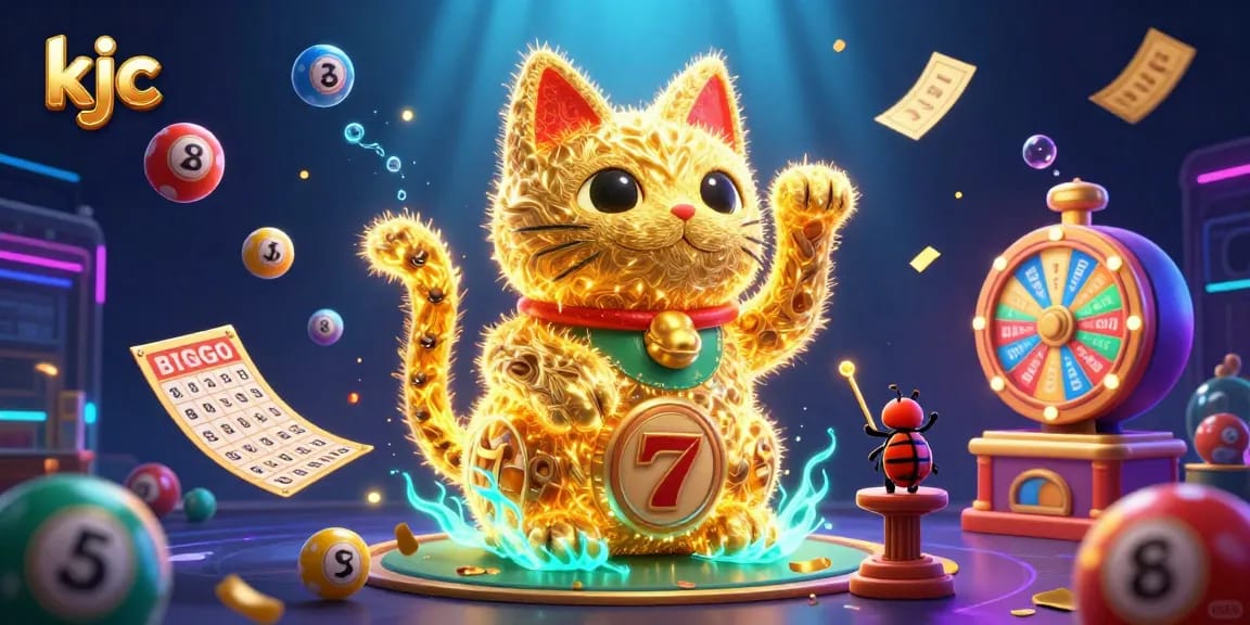 Experience the thrilling world of KJC with dynamic elements such as colorful lottery balls and a lucky cat in this vibrant illustration.
