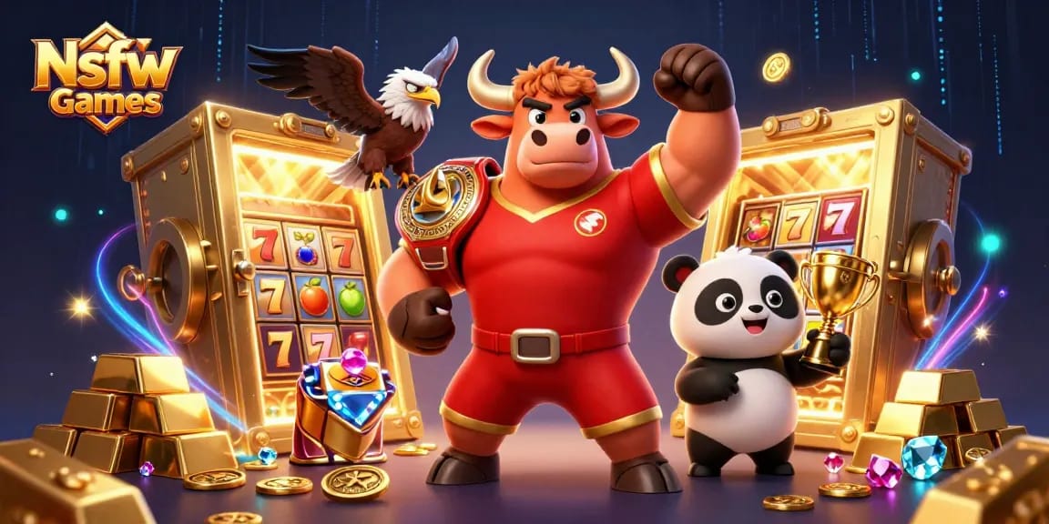 Nsfw Games showcase with cartoon bull and eagle amidst vibrant casino elements