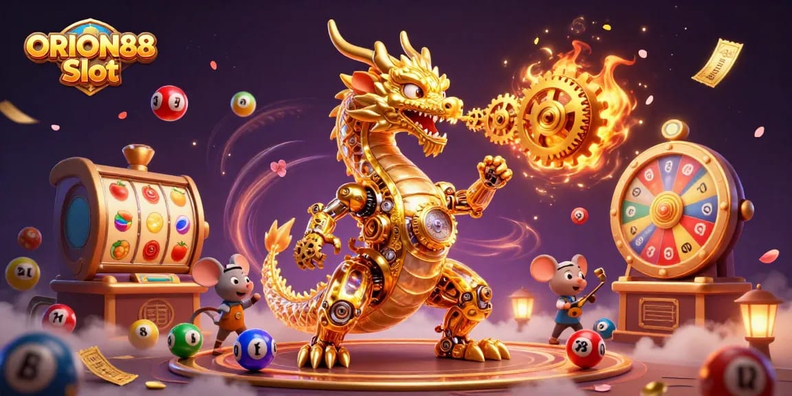 Engage with ORION88 Slot's vibrant jackpot scene, featuring a golden dragon, dynamic gaming elements, and winning opportunities.