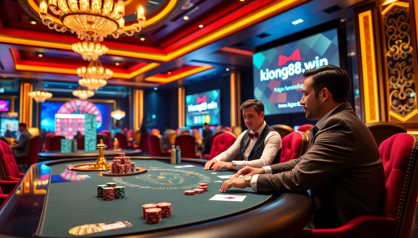 Gamblers strategizing at a poker table with chips and cards in a luxurious casino, highlighting https://kong88.win.