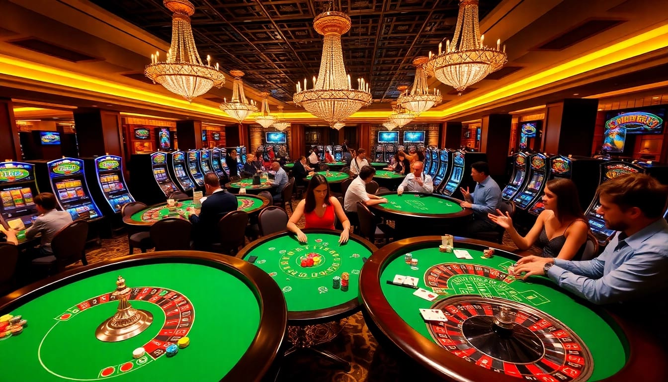 Players enjoying thrilling games at Goal123's vibrant casino, featuring poker and roulette.