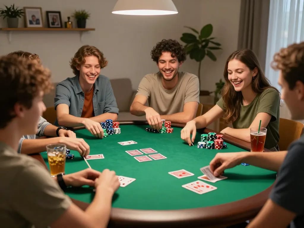Pemain Bintangmpo menikmati malam poker yang ramah di rumah dengan chip dan kartu terlihat.