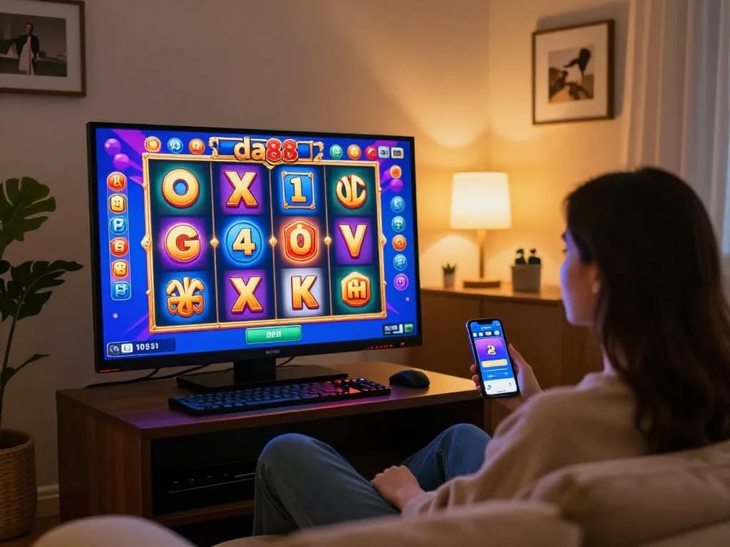 Engaging player enjoying da88 themed online slots game on stylish couch at home