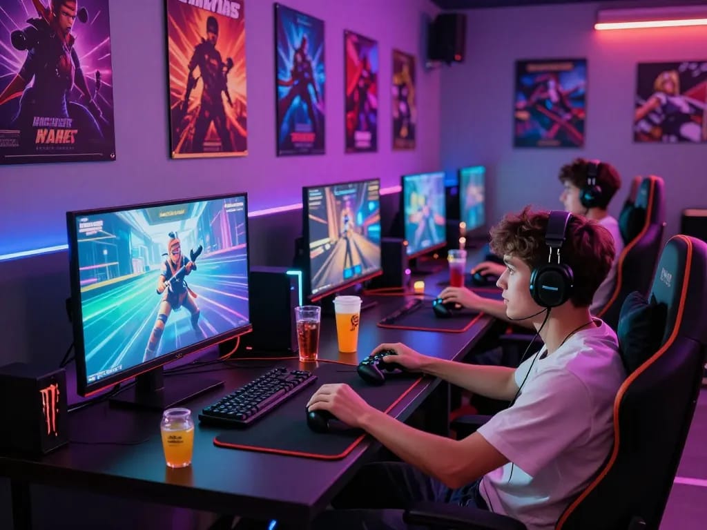 Friends enjoying multiplayer gaming session in vibrant gaming lounge with mpi2121 theme.
