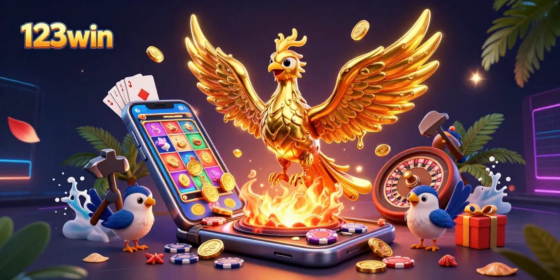 Experience thrilling gaming with 123win featuring a molten golden phoenix amidst vibrant casino elements.