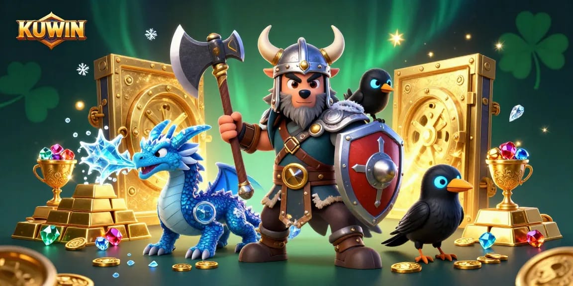 Engage with KUWIN's thrilling casino experience through an epic illustration featuring a Viking wolf warrior, ice-breathing dragon, and treasures spilling from a vault.