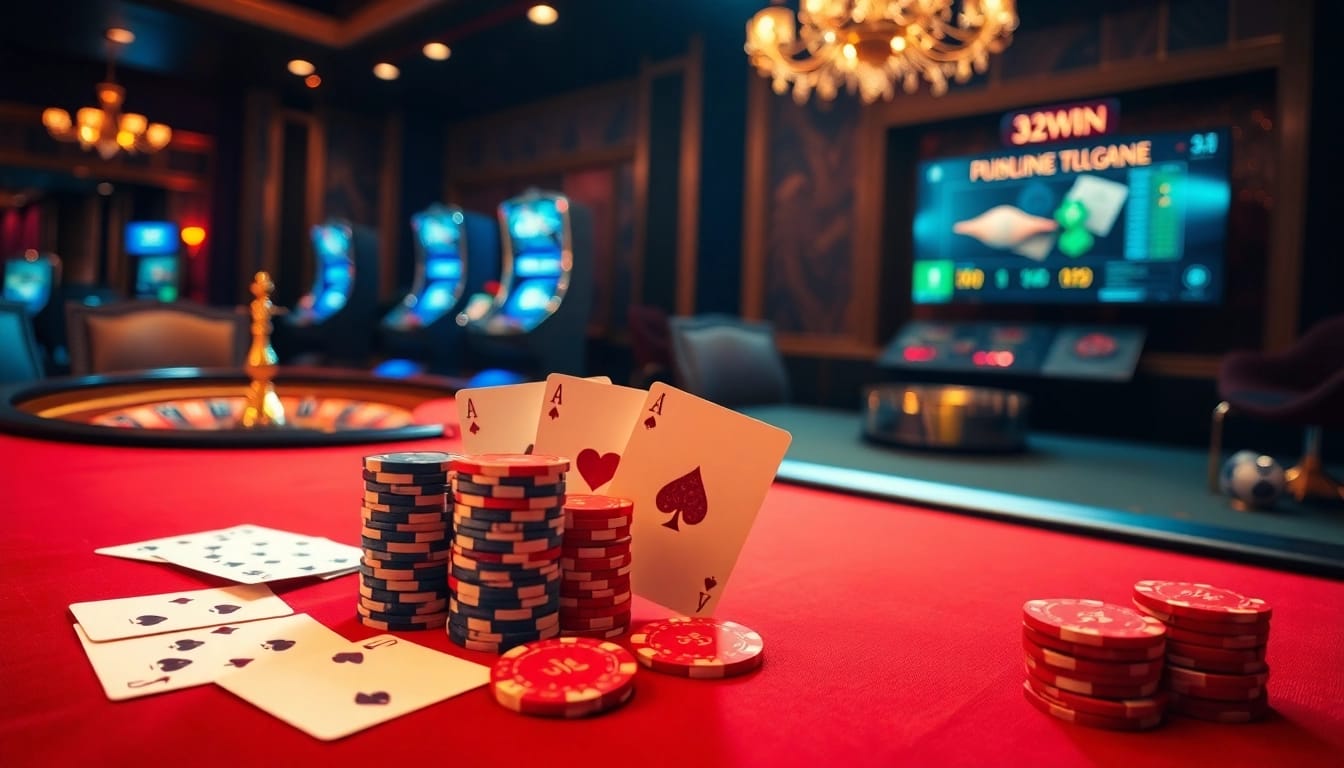 Exciting poker game at 32WIN with high stakes, luxurious chips, and vibrant atmosphere.