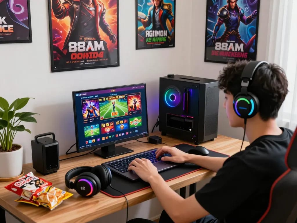 Player engaging with 88aa com platform in vibrant gaming setup, showcasing online betting excitement.