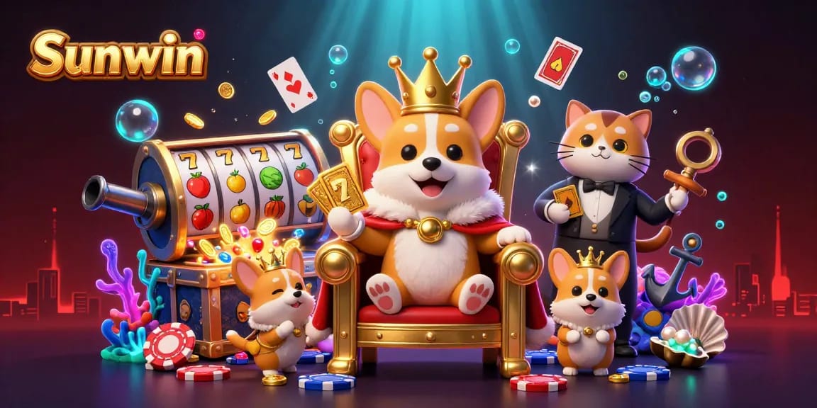 Engaging Sunwin illustration showcasing a royal corgi in a casino scene filled with excitement.