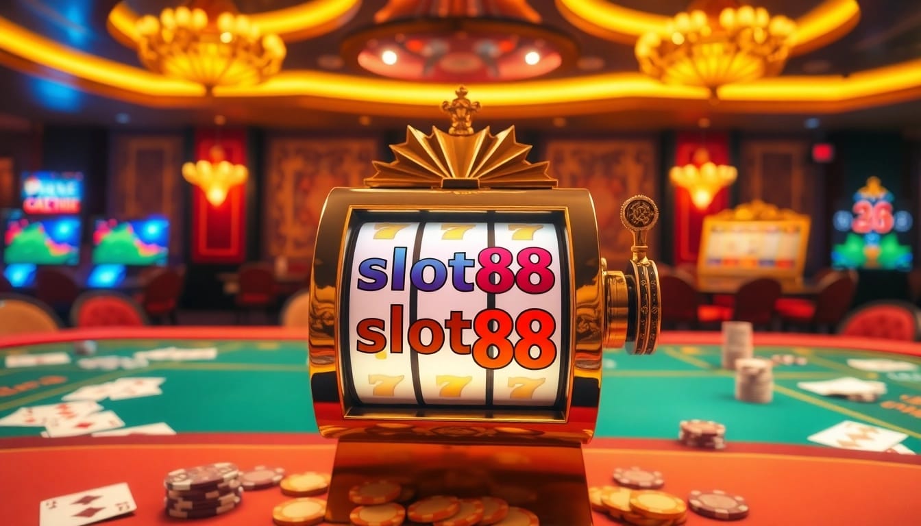 Experience thrilling wins with the vibrant slot88 machine amidst a luxurious casino atmosphere.