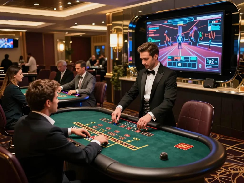 PH22 players enjoying immersive blackjack in a futuristic live casino with advanced 3D technology.