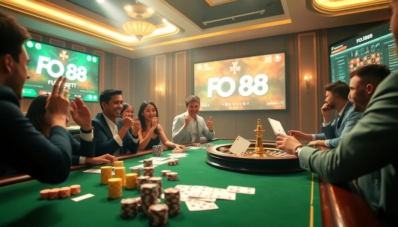 FO88 players enjoy a thrilling card game at a luxurious casino table.