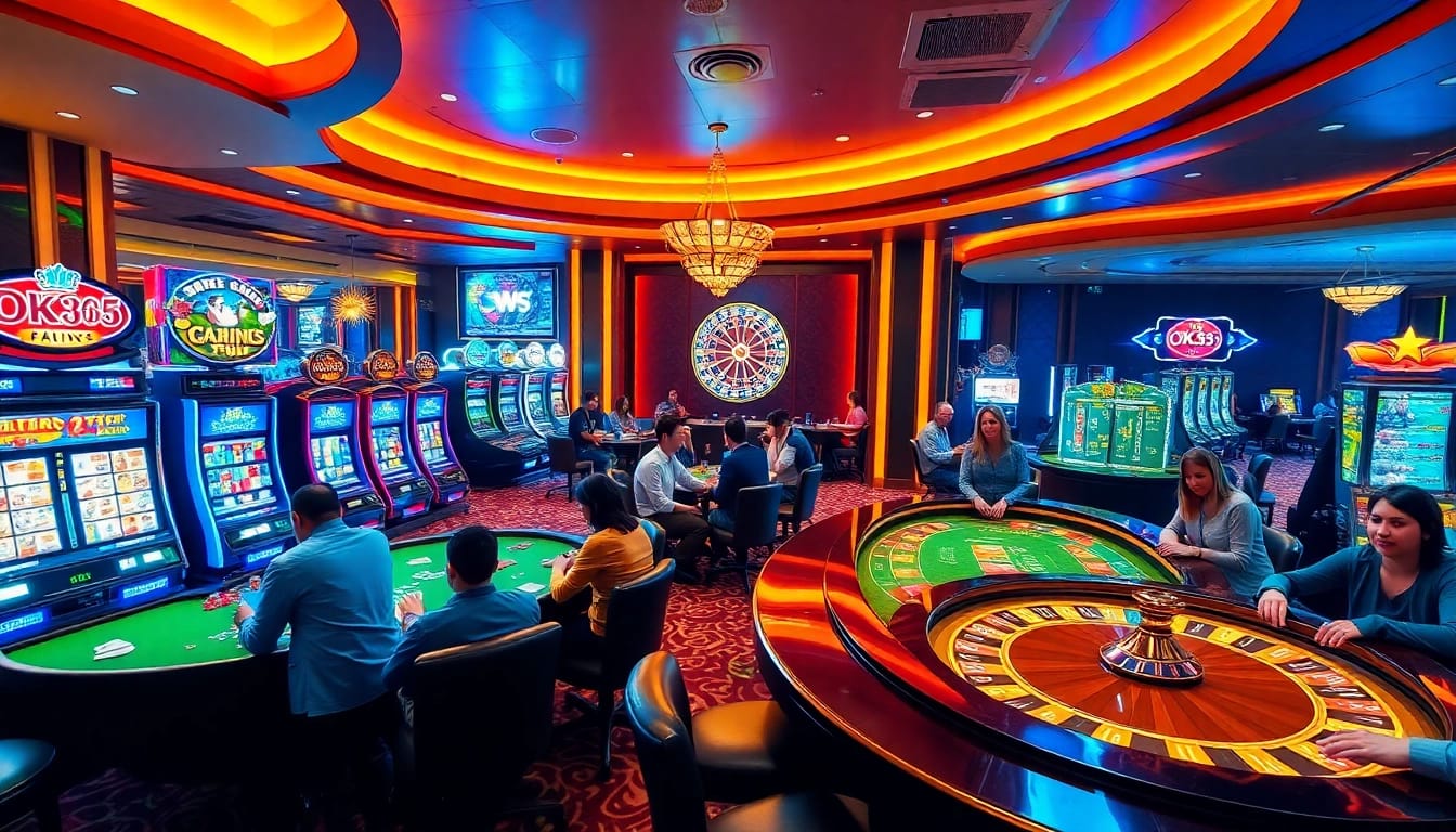 Experience the thrill of gaming at OK365 with vibrant casino action and players at the tables.