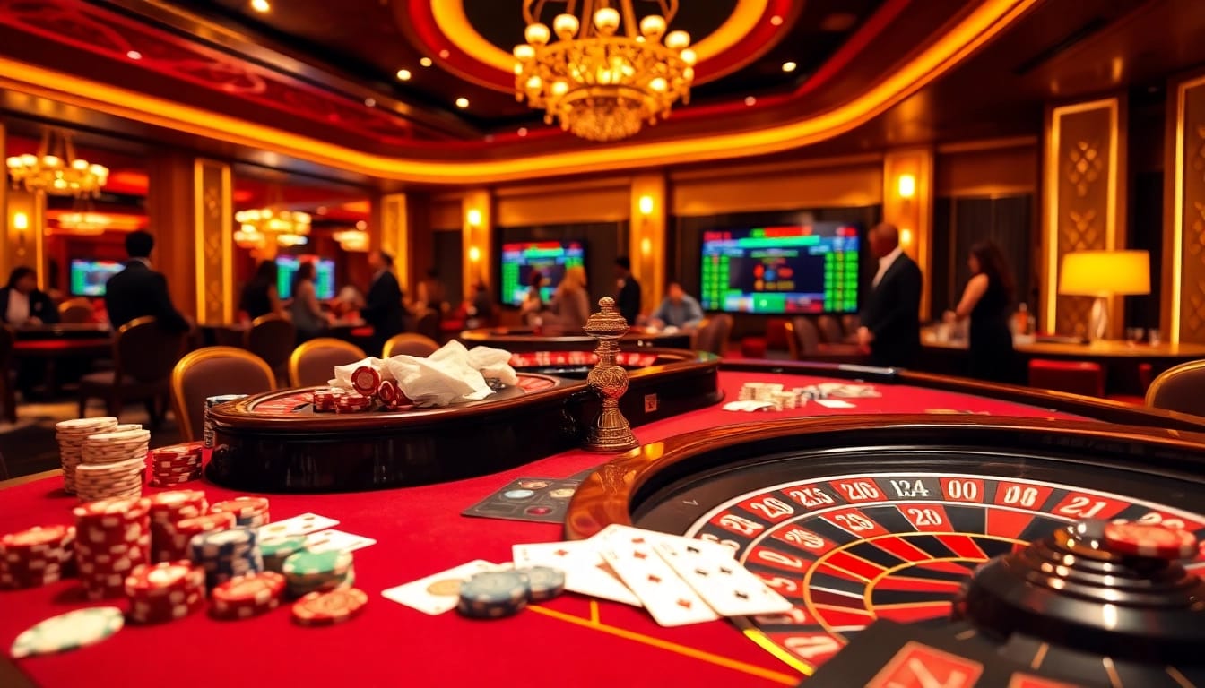 Dynamic casino scene showcasing keo nha cai through poker chips and a roulette wheel amidst exciting gameplay.
