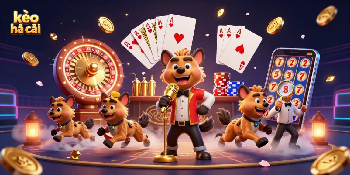 Observe the lively scene of kèo nhà cái with hyenas entertaining and betting on sports in a vibrant casino atmosphere.