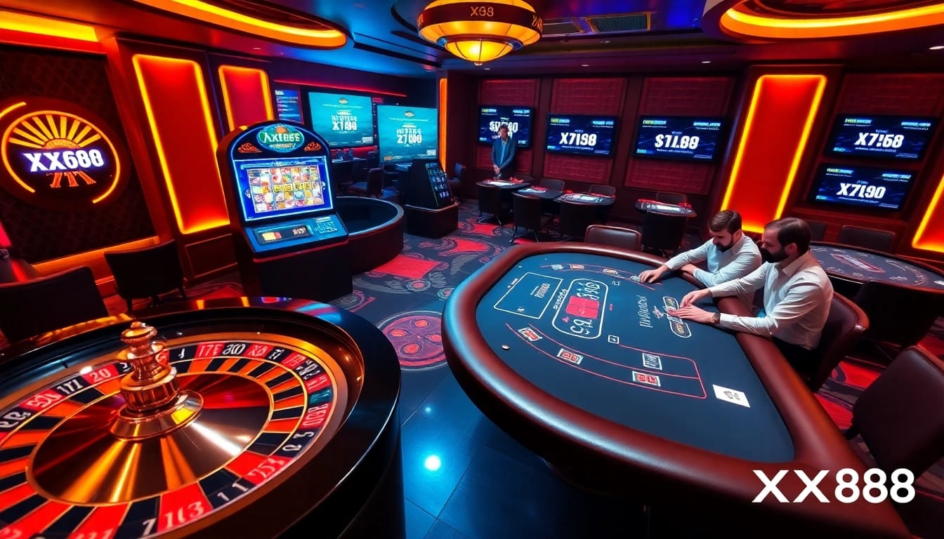 Players engaging in exciting games at XX88's luxurious online casino, highlighting vibrant gaming elements.