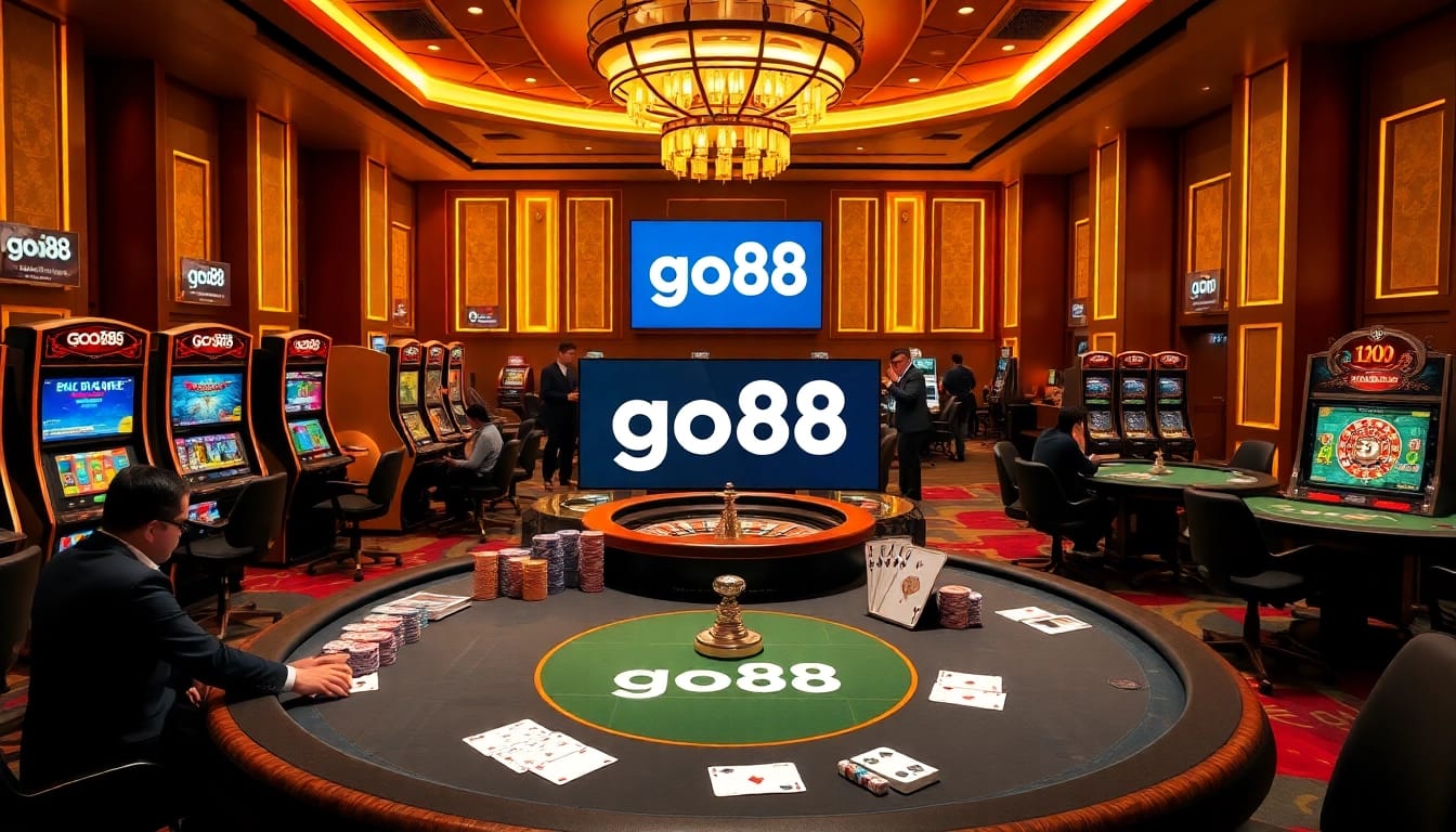 Players excitedly engaging in games at go88 casino, showcasing dynamic gambling action and vibrant atmosphere.