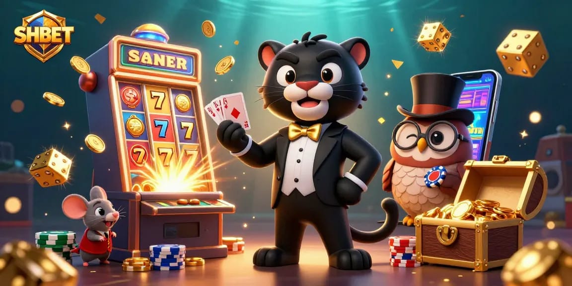 Experience the excitement of SHBET with a dynamic casino scene featuring a tuxedo-clad panther dealing cards and an owl with poker chips.