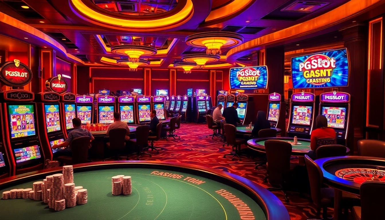 Exciting gameplay at a casino showcasing PGSoft PGSlot โค้ดฟรี on vibrant slot machines.