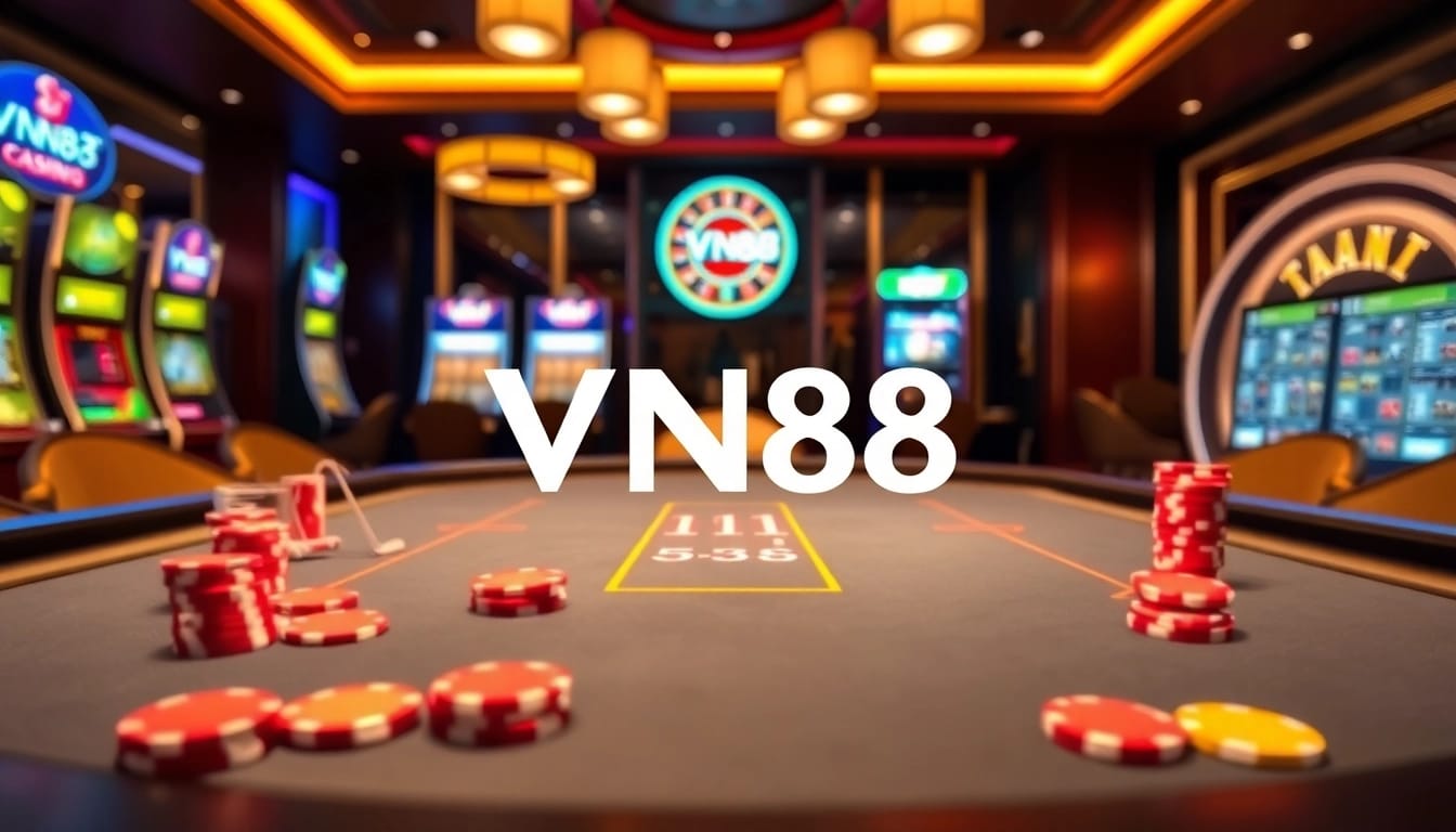 Action-packed poker scene at VN88 casino featuring vibrant chips and stylish tables.