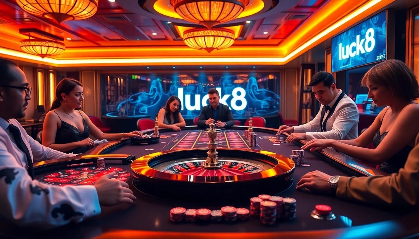 Players engaging in dynamic gambling at a vibrant luck8 casino scene