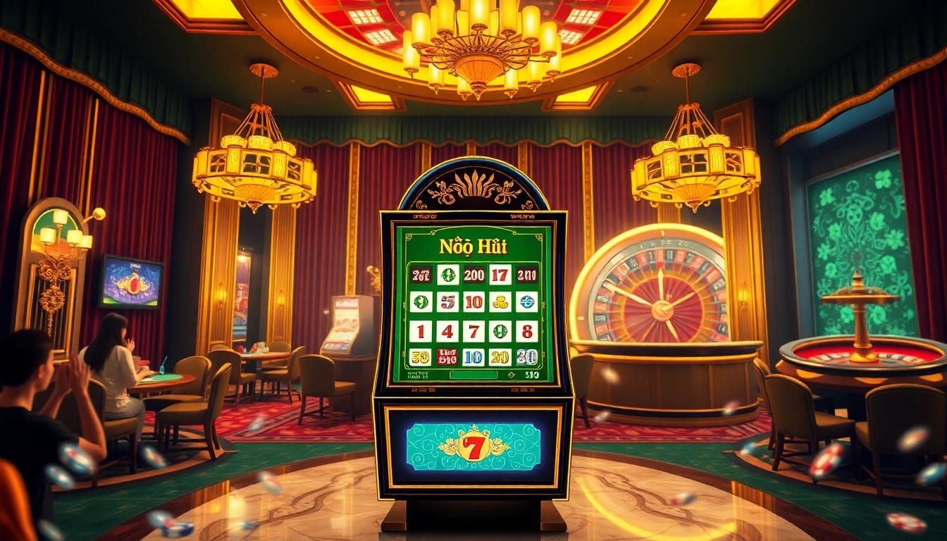 Nổ Hũ Đổi Thưởng slot machines in a vibrant casino welcoming players with excitement and luxury.