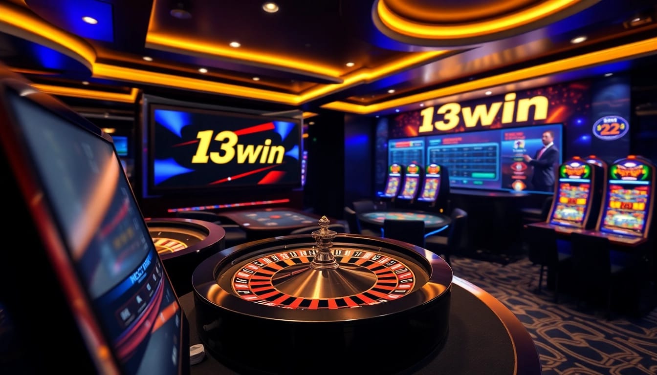 Playing at 13win casino with vibrant slot machines and engaging poker tables.
