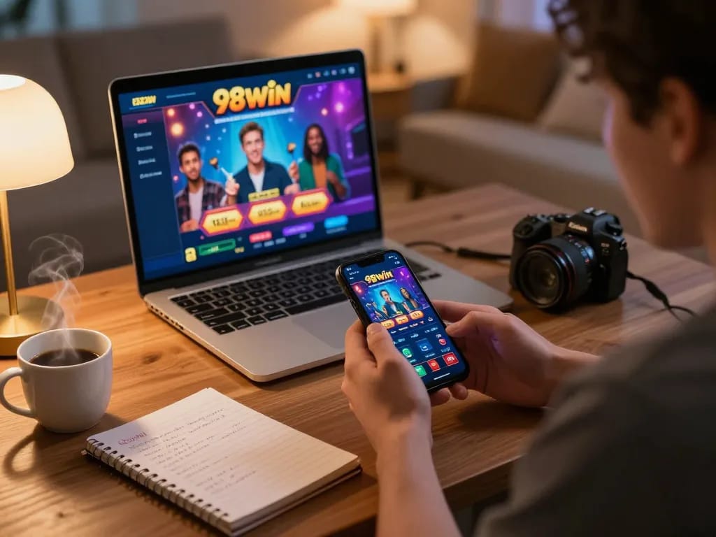 Engage in online gambling with 98win app, showcasing betting excitement in a cozy setting.