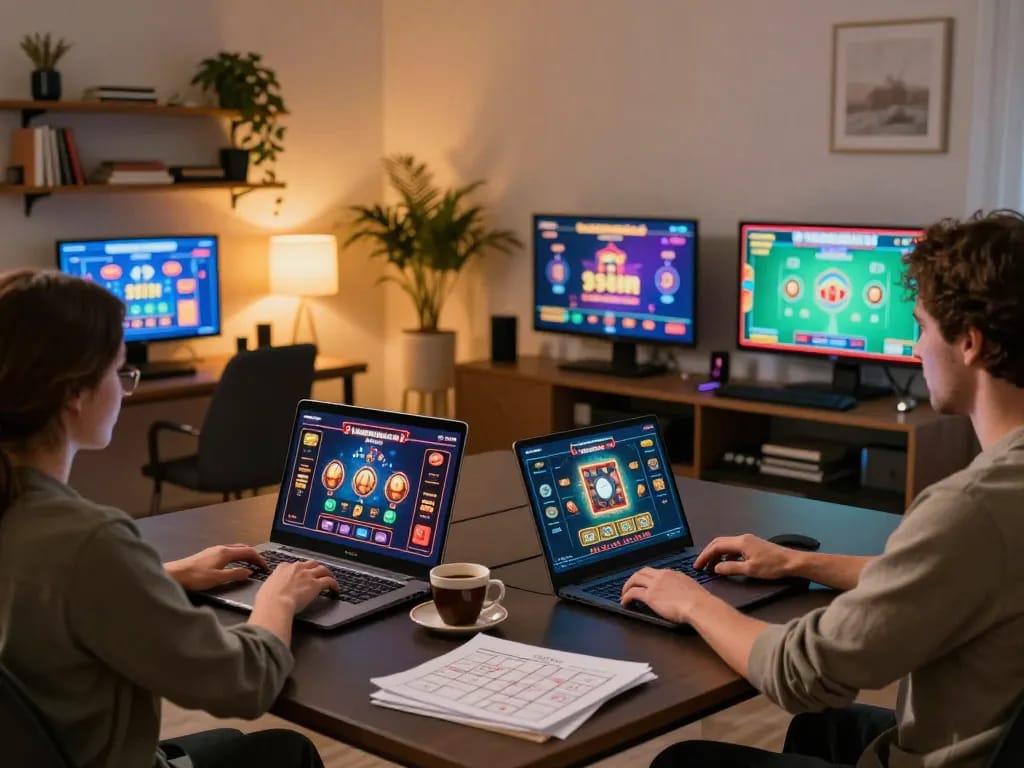 Engaged player enjoying 99Win online casino games on a modern laptop in a cozy home setting