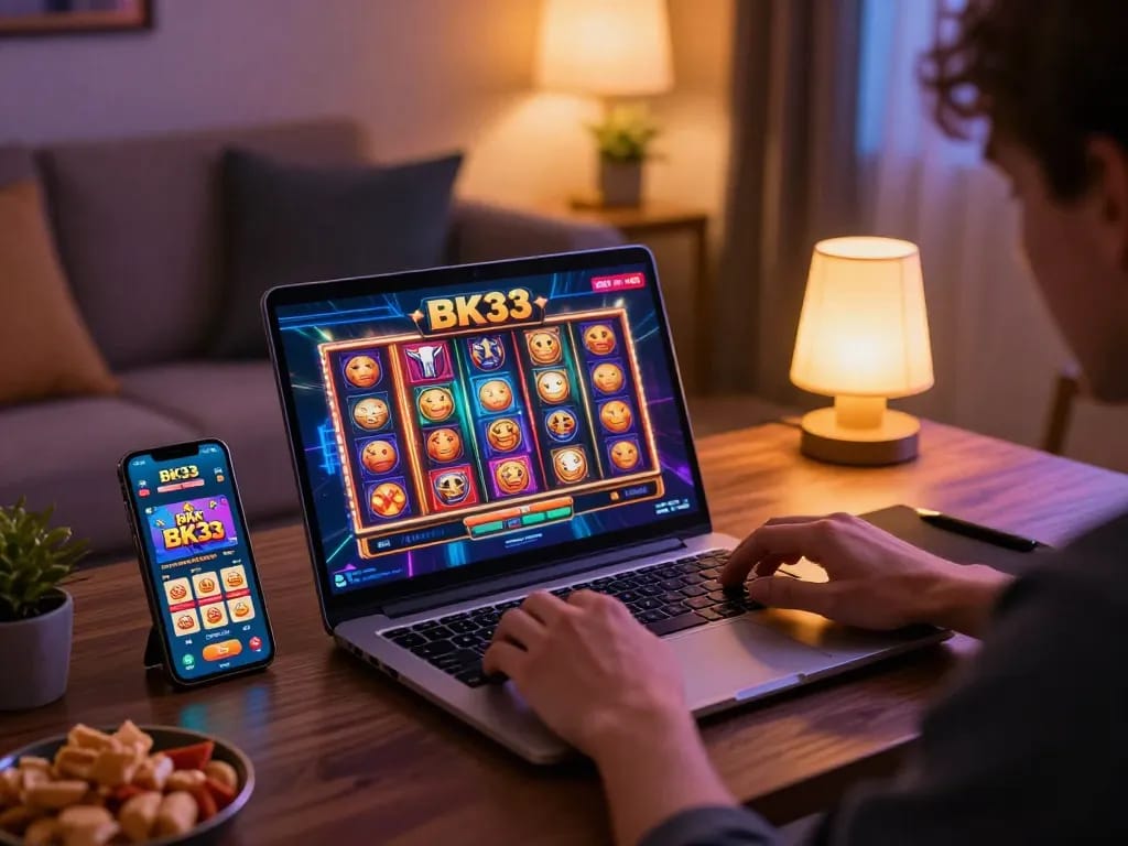 Engaging player using laptop for BK33 online gaming, showcasing excitement and responsible entertainment.
