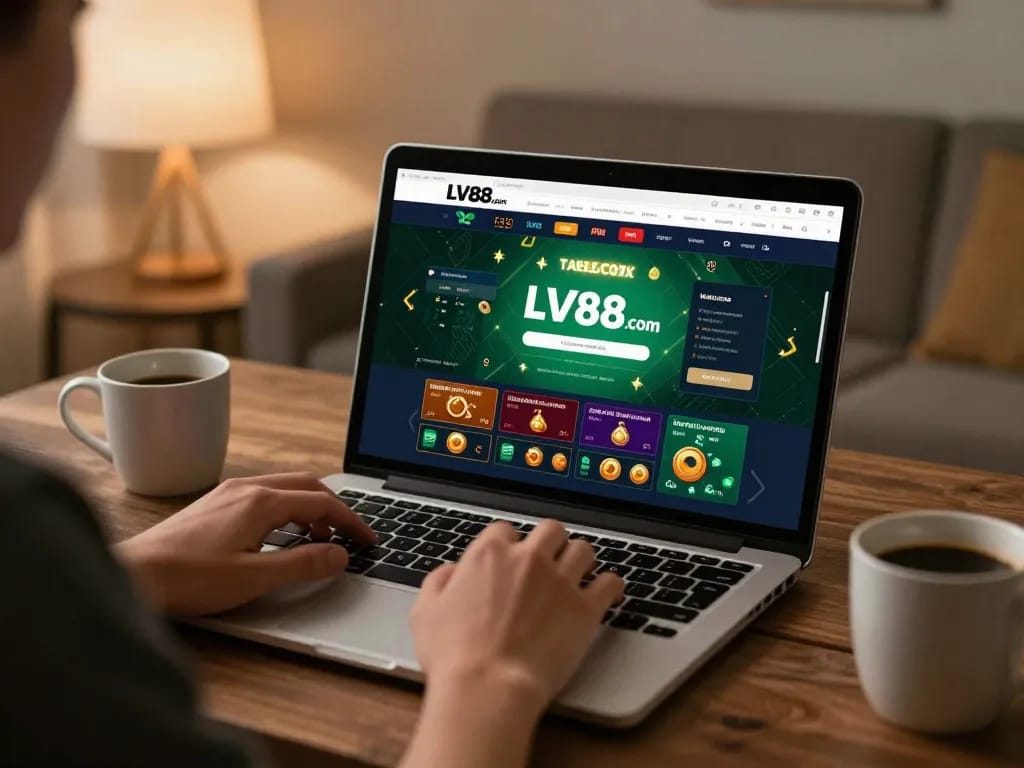 Engaging online gaming experience at LV88.com showing player using laptop with casino interface.