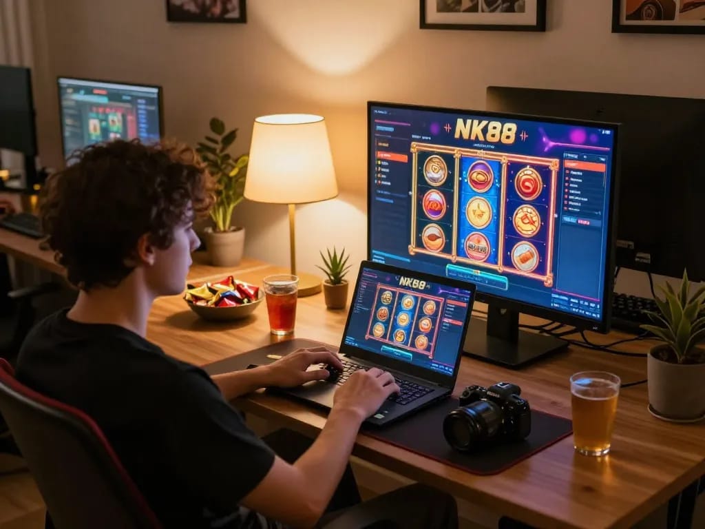 Play engaging NK88 online casino games in a cozy, stylish gaming setup with a laptop.