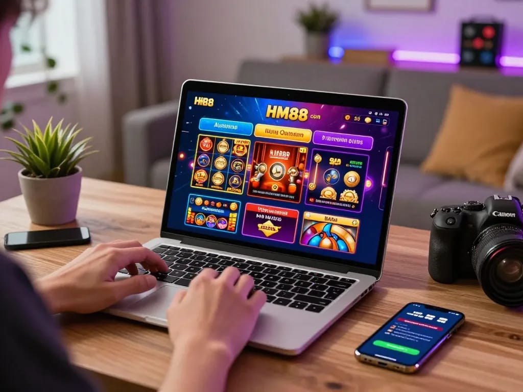 Engaged user exploring HM88 com online gambling platform with vibrant games and promotions.