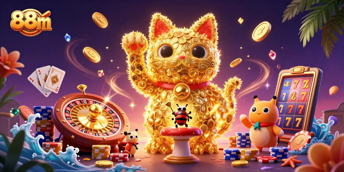 Experience the magic of winning at 88m's vibrant casino world, featuring a lucky cat and dazzling game action.
