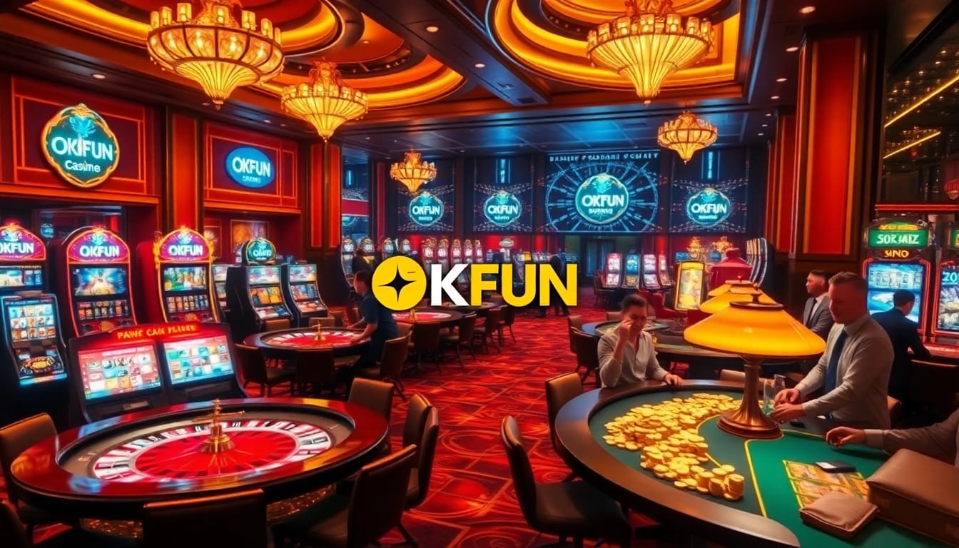 Thrilling casino action at OKFUN with players engaged at roulette and poker tables.