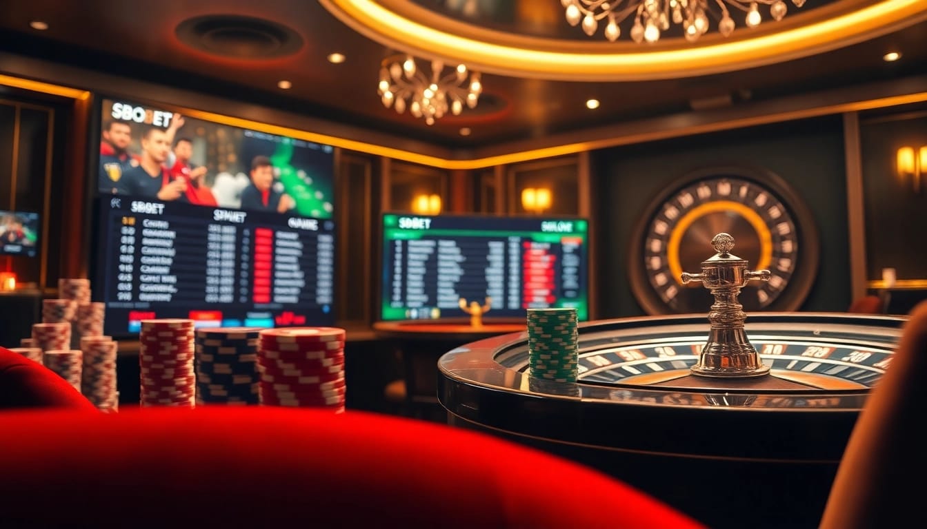 SBOBET sports betting interface showcasing vibrant poker chips and a roulette wheel
