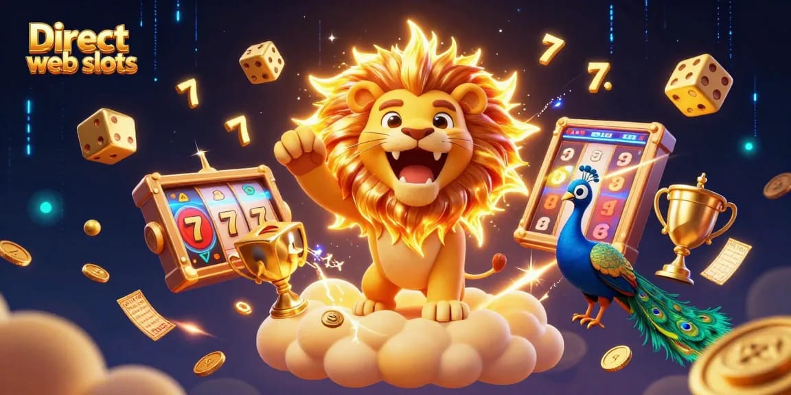 Play exciting Direct web slots with vibrant elements including golden dice and slot reels.