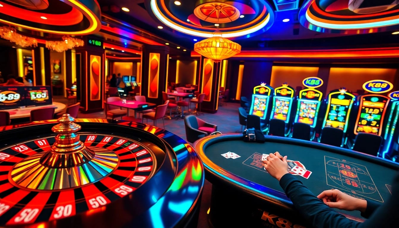 K88 casino gaming scene featuring roulette and poker action, highlighting excitement and luxury.
