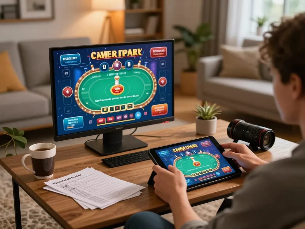 Person playing online casino games at home using vnloto88 com, showcasing engaging poker interface.