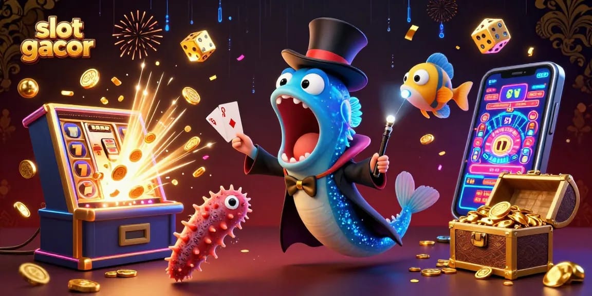 Experience the thrilling world of slot gacor with dynamic cartoons and vibrant casino scenes.