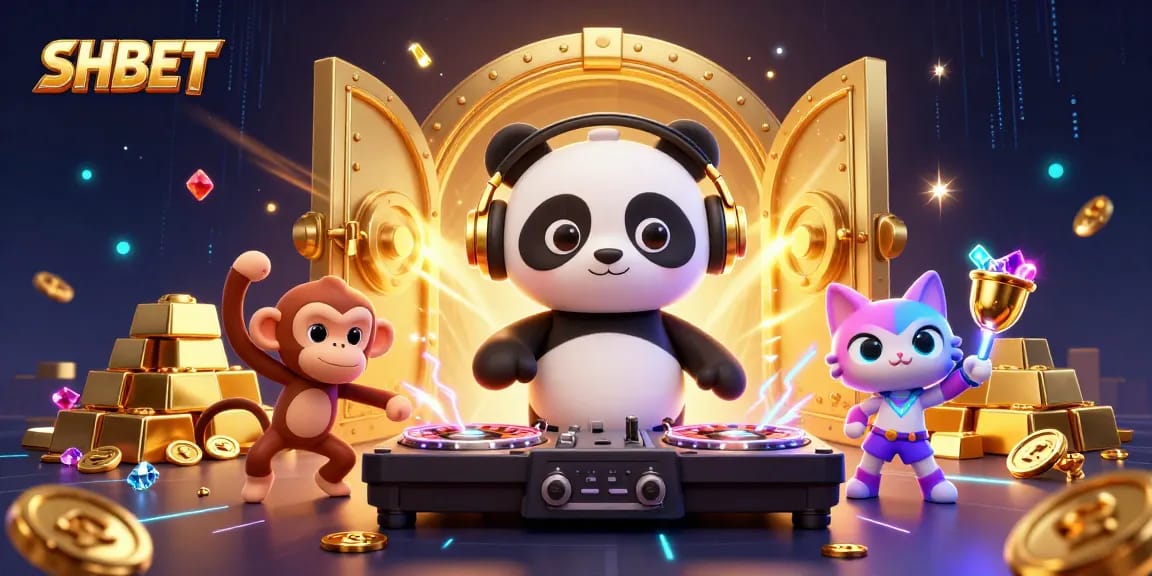 Experience SHBET with a vibrant casino-themed illustration featuring a DJ panda, dancing monkey, and colorful visuals.