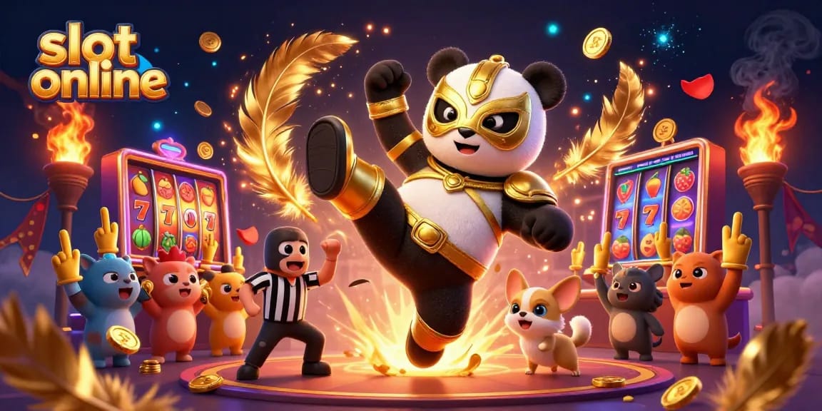Engage with slot online excitement as a panda wrestler kicks and wins in a vibrant casino setting.