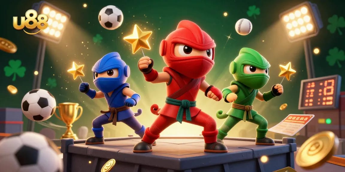 Experience thrilling gameplay with u88's ninja chameleon team in an action-packed online casino scene.